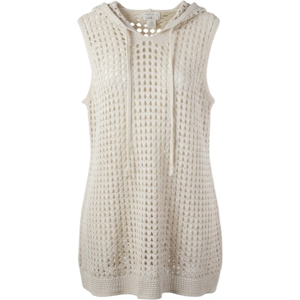 Artelier Nicole Miller Cream Open Knit Crochet Sleeveless Hooded Sweater Medium